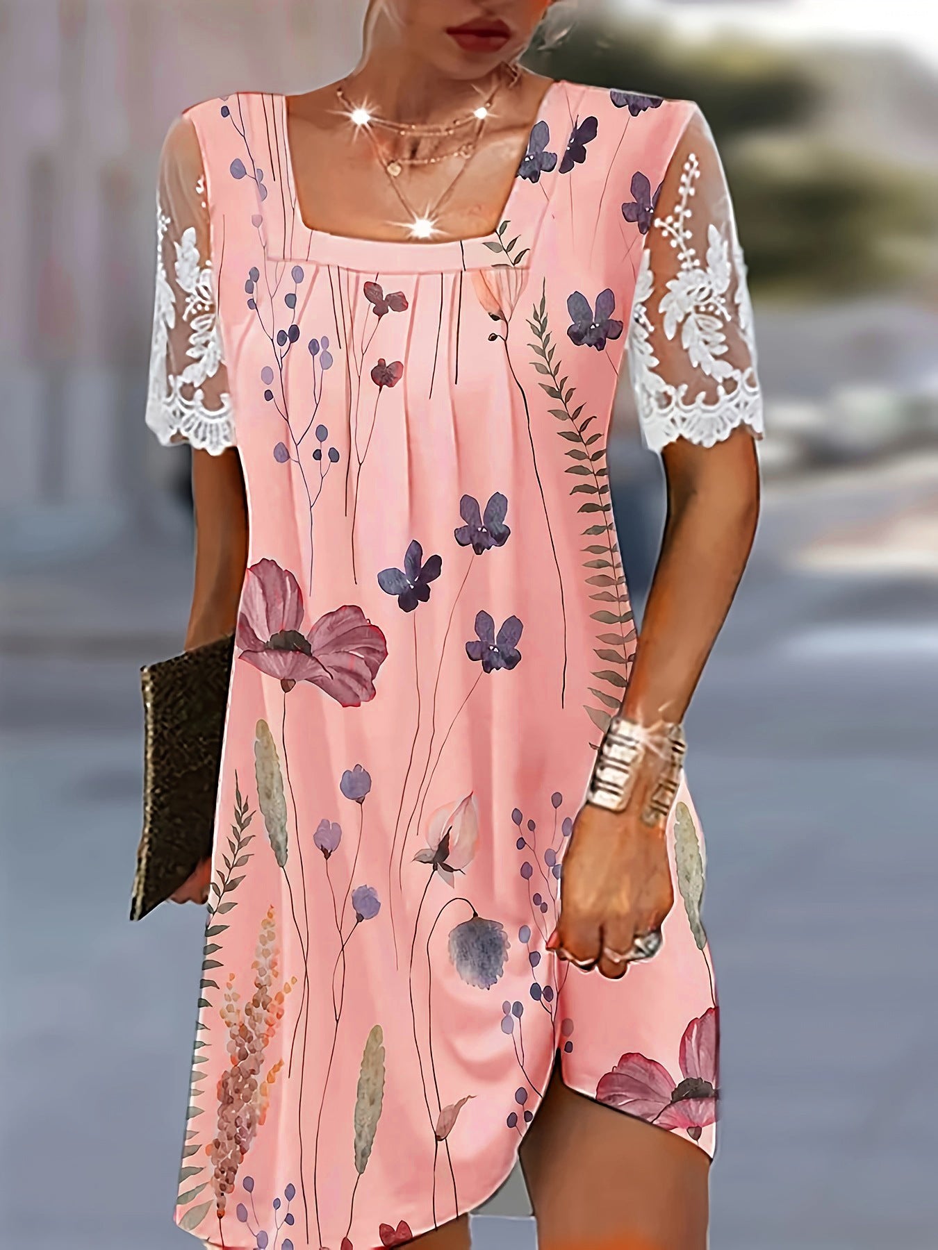 Damen Freizeitkleid mit floralen Mustern und transparenter Spitze Stalluxe