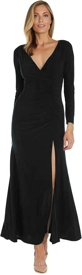Damen elegantes Maxikleid mit tiefem V-Ausschnitt und seitlichem Schlitz Stalluxe