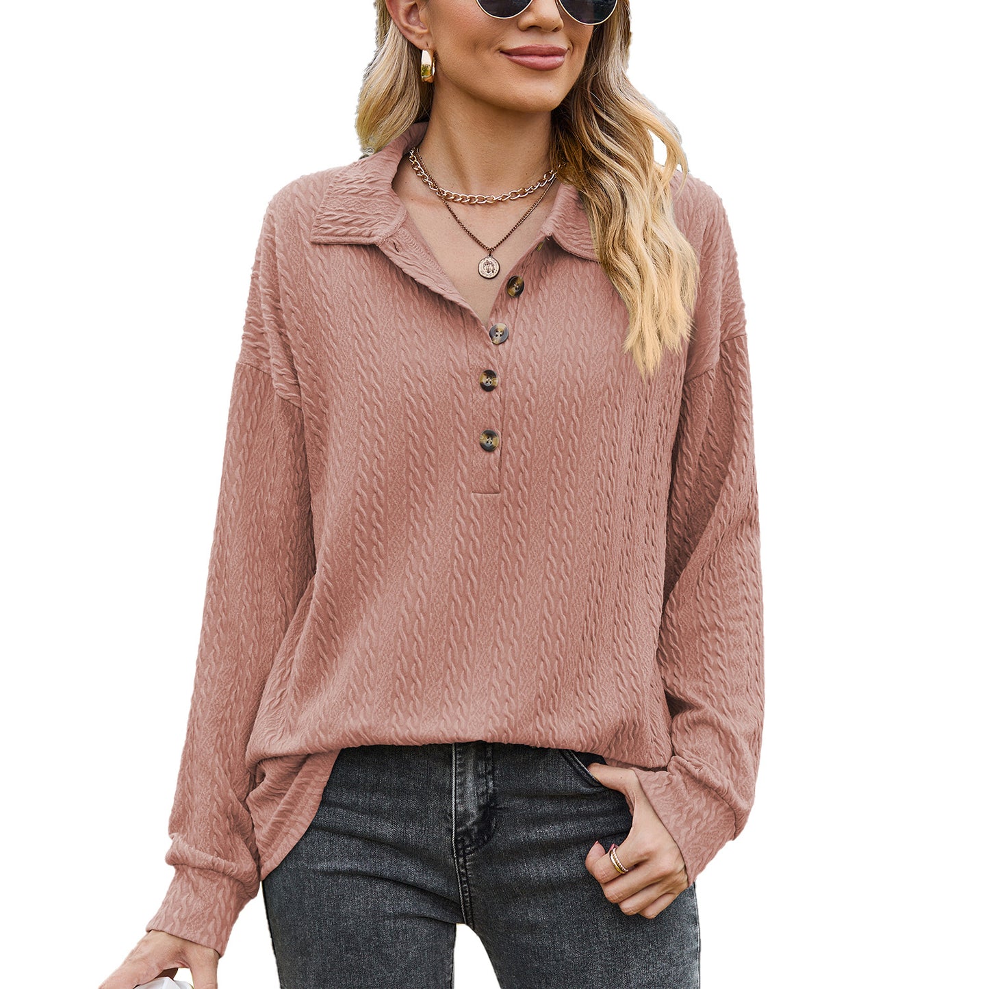 Damen Langarmshirt mit strukturiertem Kabelstrick und modischem Kragen Stalluxe