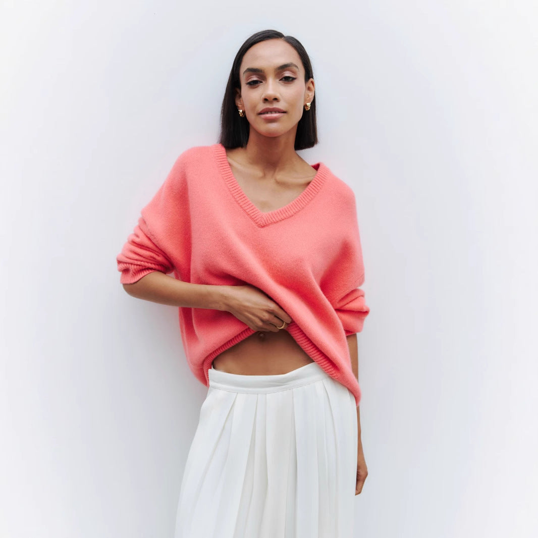 Damen Viskose-Pullover mit tiefem V-Ausschnitt und breiten Bündchen Stalluxe