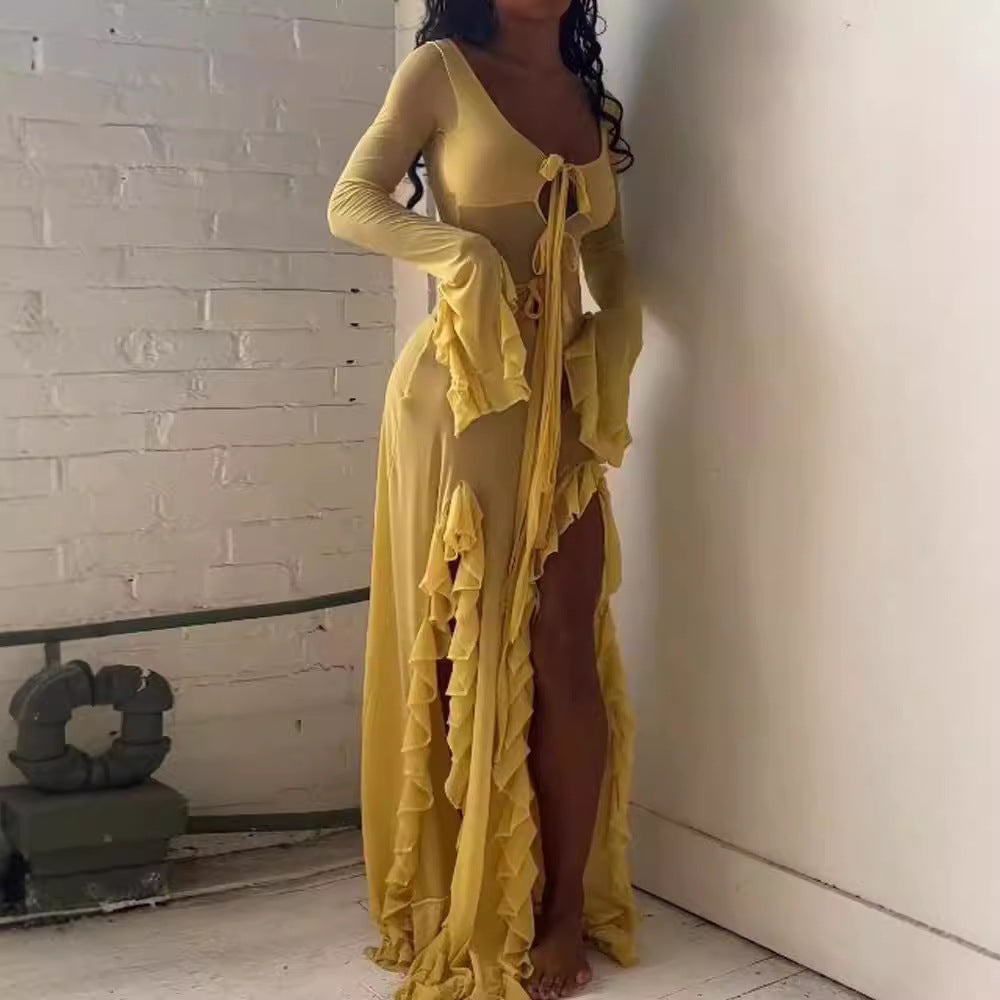 Damen Elegantes Maxikleid mit Rüschendetails und v-förmigem Ausschnitt Stalluxe