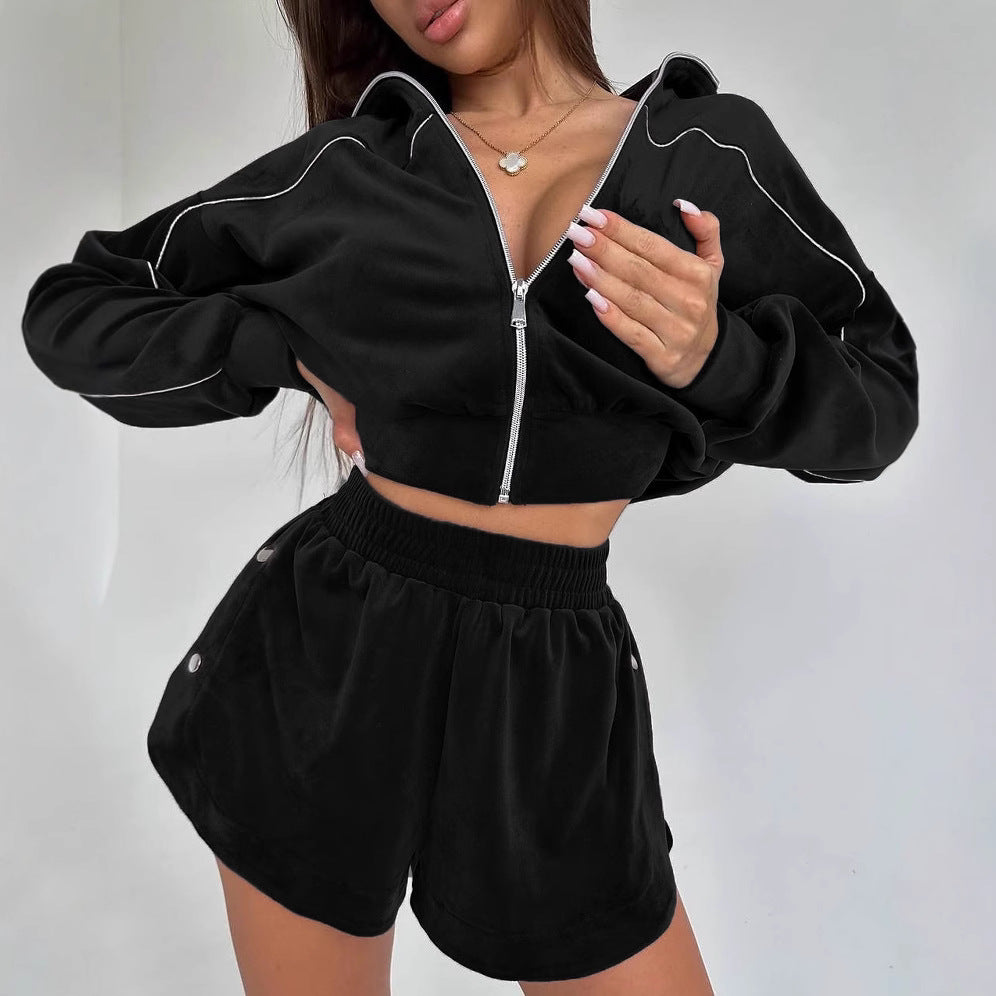 Damen sportliches Velours-Crop-Top und Shorts Set Stalluxe