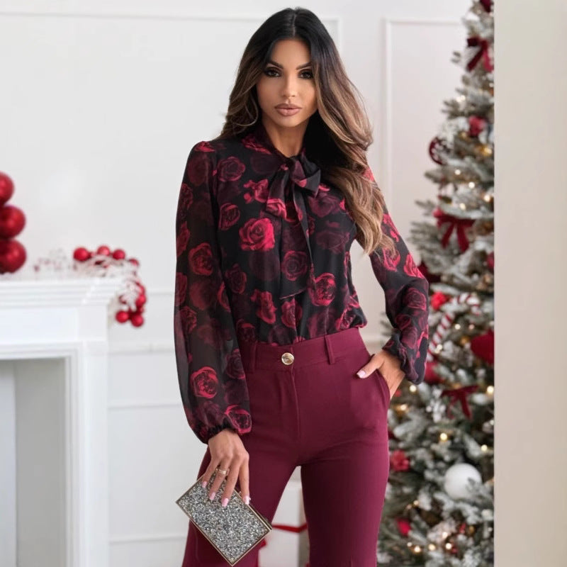 Damen elegante Bluse mit Schleifenkragen und floralem Druck Stalluxe