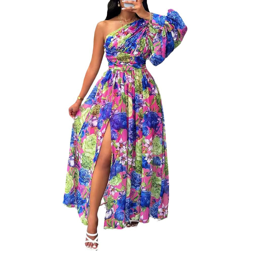 Damen Exquisites One-Shoulder Maxikleid mit floralem Design und Schlitz Stalluxe
