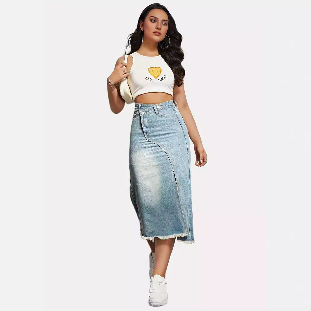 Damen Jeansrock mit asymmetrischem Schnitt und hohen Seitenschlitzen Stalluxe