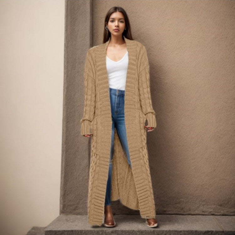 Damen Langer Strickcardigan mit raffiniertem Zopfdesign und praktischen Taschen Stalluxe