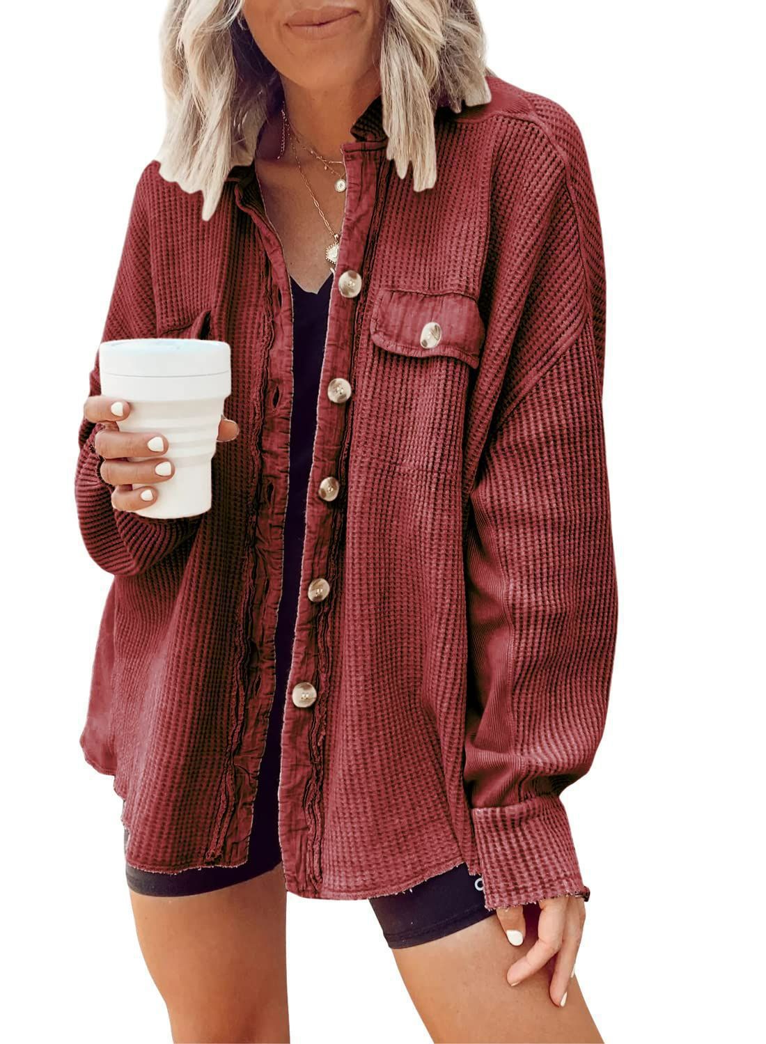 Damen Oversized Waffle-Shirtjacke mit Knopfleiste und praktischen Taschen Stalluxe