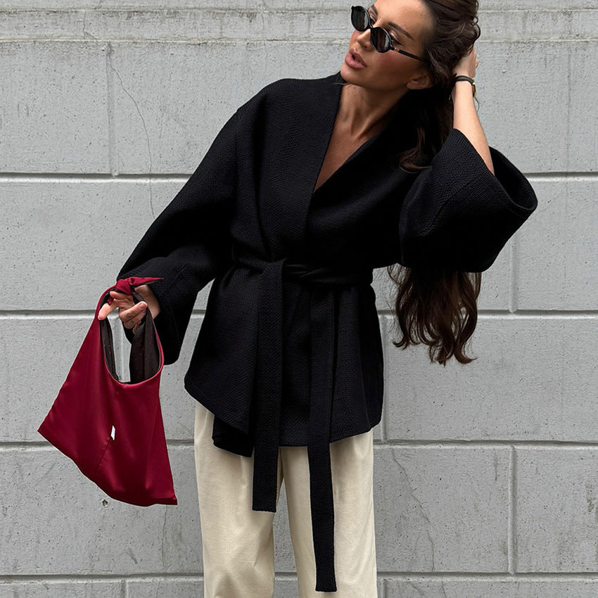 Damen lässige Waffelstoffjacke mit Taillengürtel Stalluxe