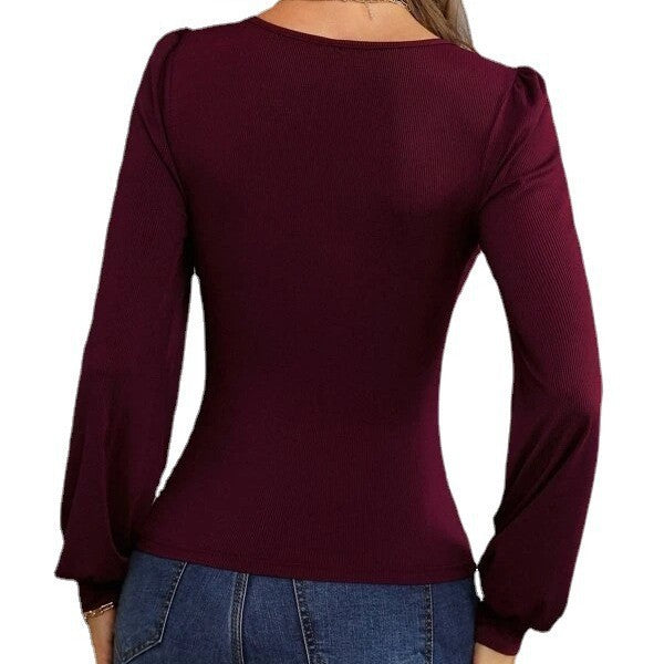 Damen figurbetontes Langarmshirt mit V-Ausschnitt und Ballonärmeln Stalluxe