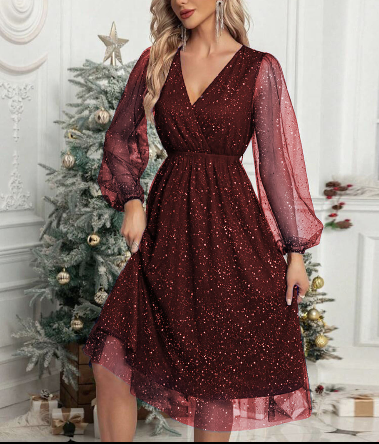 Damen Glänzende V-Ausschnitt Illusionsärmel Kleid Stalluxe