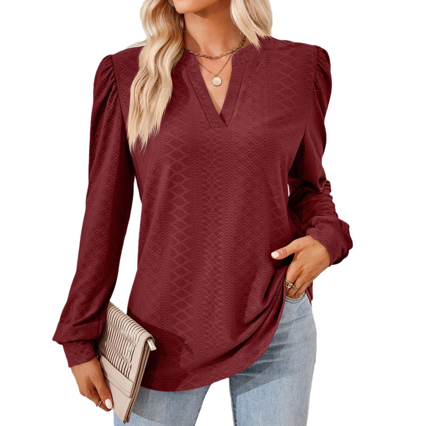 Damen Blusenshirt mit elegantem V-Ausschnitt und strukturiertem Muster Stalluxe