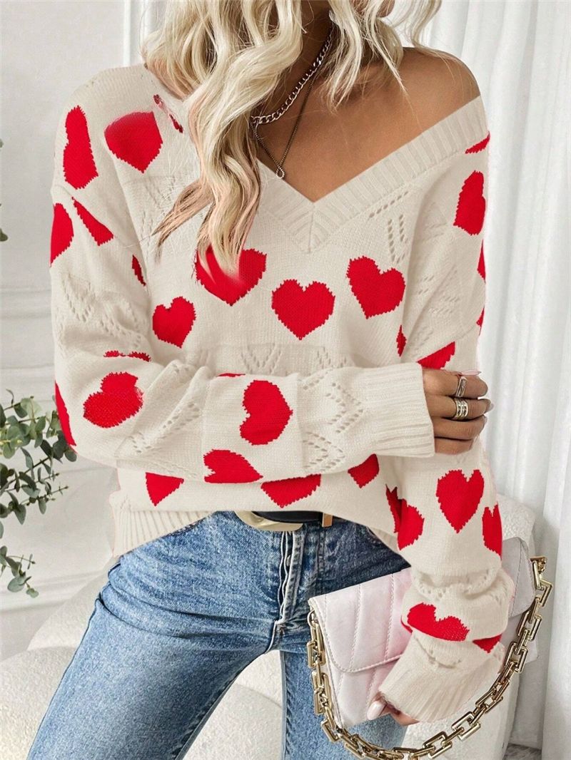 Damen kuscheliger Pullover mit herzförmigem Muster und V-Ausschnitt Stalluxe