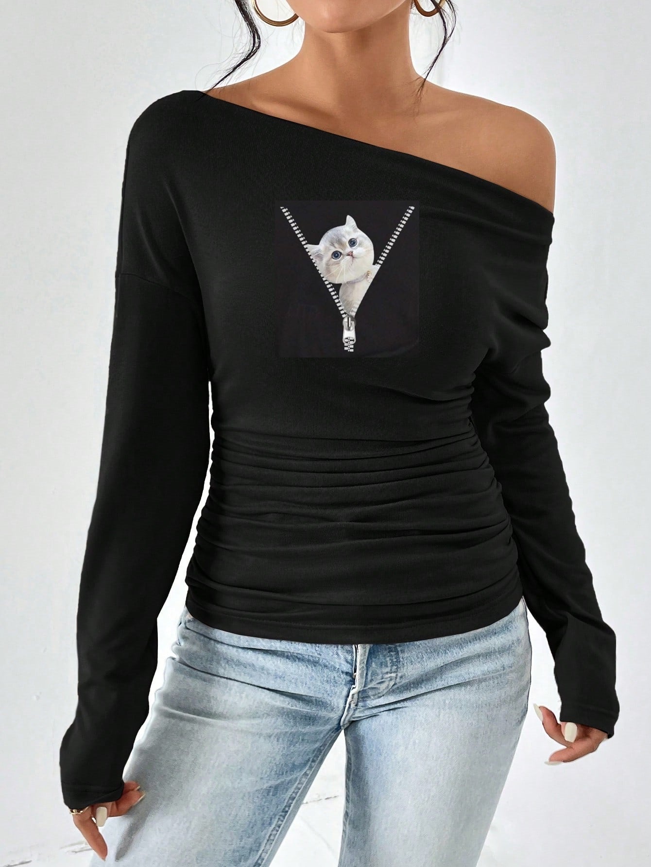 Damen figurbetontes Langarmtop mit asymmetrischem Ausschnitt und Raffungen Stalluxe