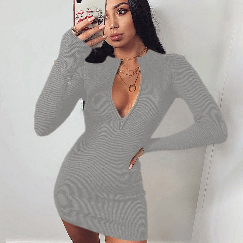 Damen Knit Kleid mit tiefem V-Ausschnitt und langen Ärmeln Stalluxe