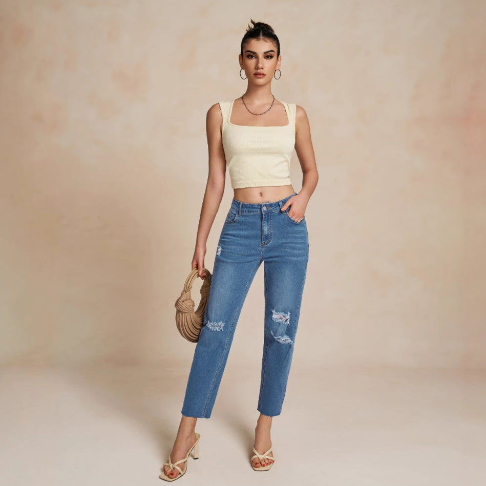 Damen Hochtaillierte Ripped Jeans mit lässigem Schnitt und Fransen Stalluxe