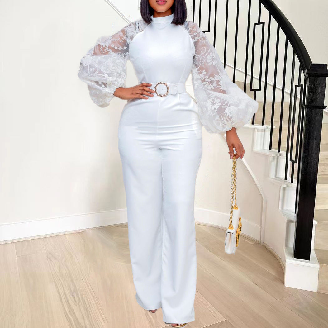 Damen Eleganter Jumpsuit mit transparenter Spitze und Gürtel Stalluxe