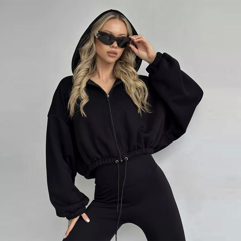 Damen cropped Fleece-Hoodie mit Kordelzug und weiten Ärmeln Stalluxe