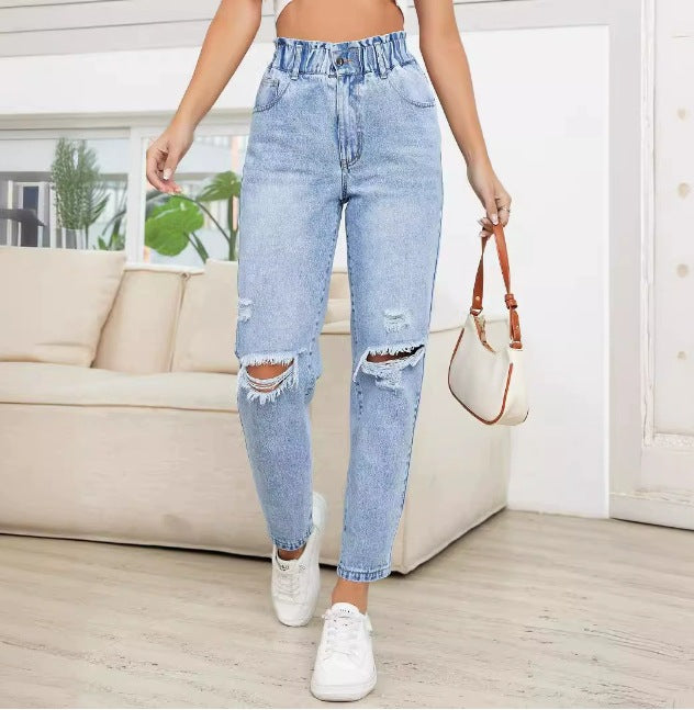 Damen High-Waist Jeans mit lässigen Rissen und elastischem Bund Stalluxe
