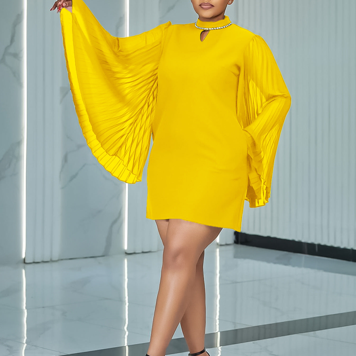 Damen Elegantes Kleid mit geschlitztem Kragen und plissierten Ärmeln Stalluxe