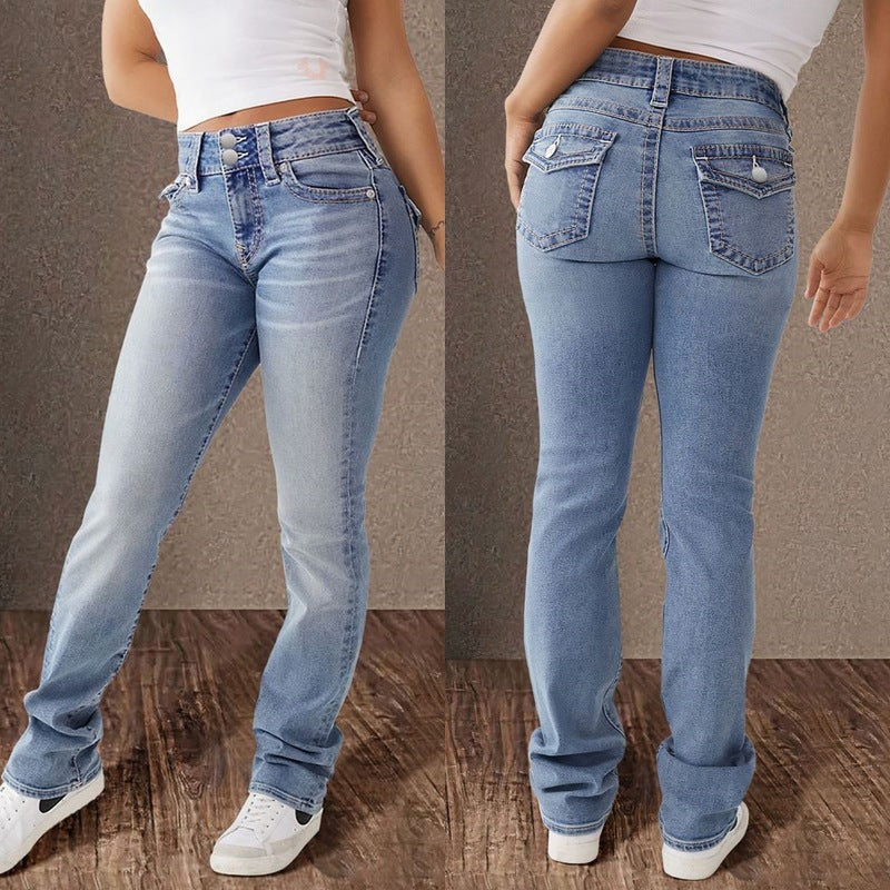 Damen Hochtaillierte Jeans mit modischem Knopfverschluss und schmalem Schnitt Stalluxe