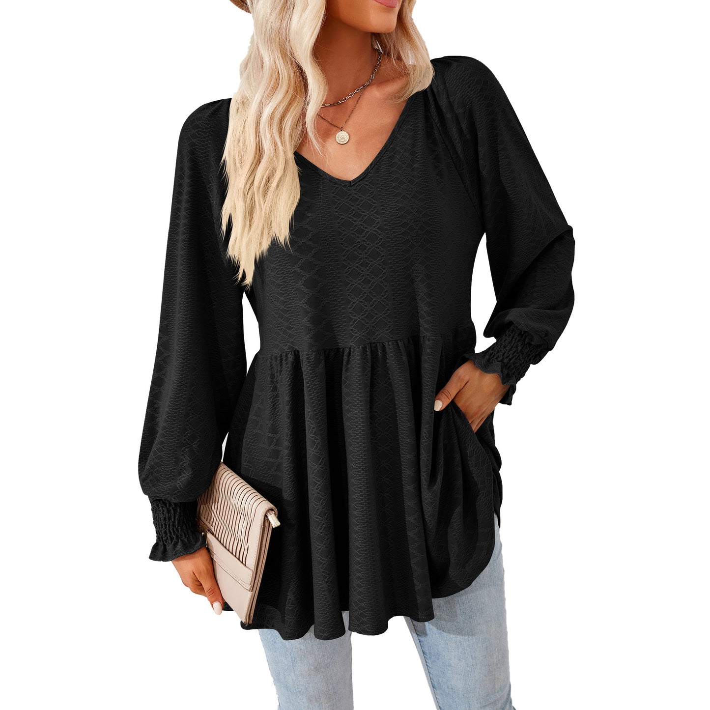 Damen lässiges V-Ausschnitt Blusenshirt mit Rüschen und Taschen Stalluxe