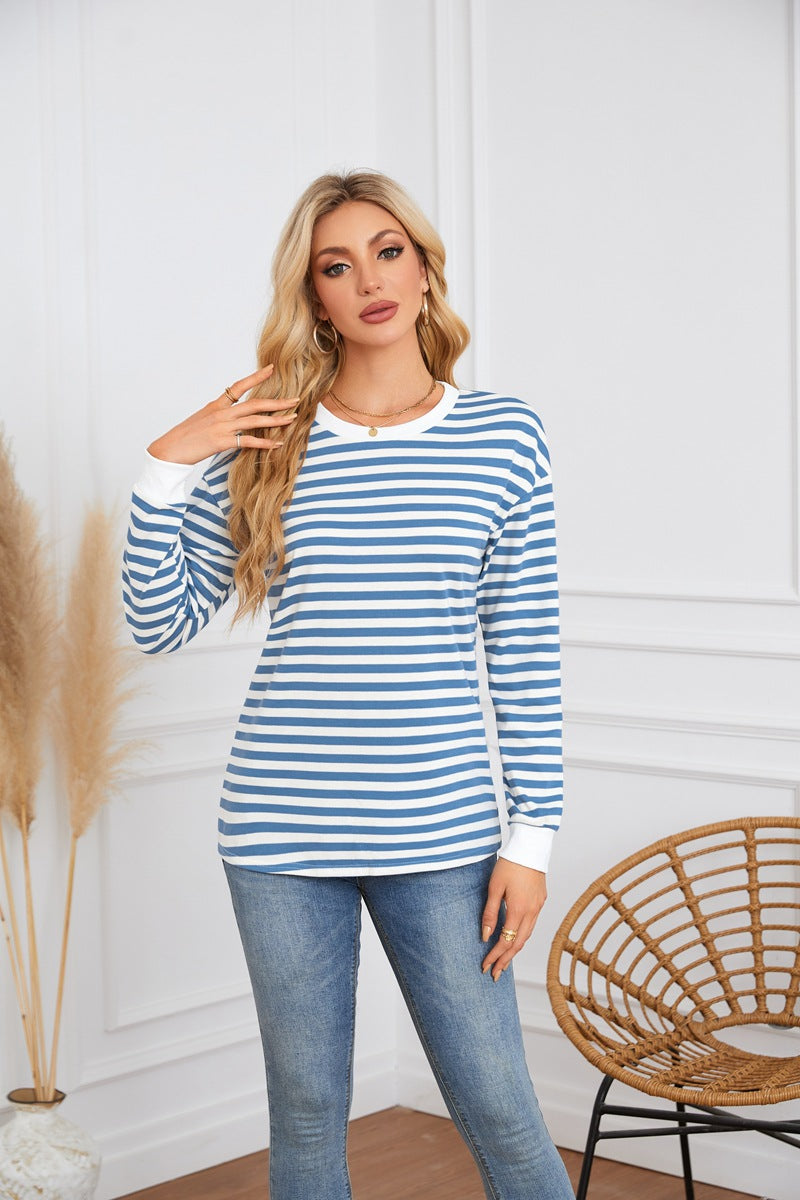 Damen gestreiftes Langarmshirt mit Rundhalsausschnitt Stalluxe