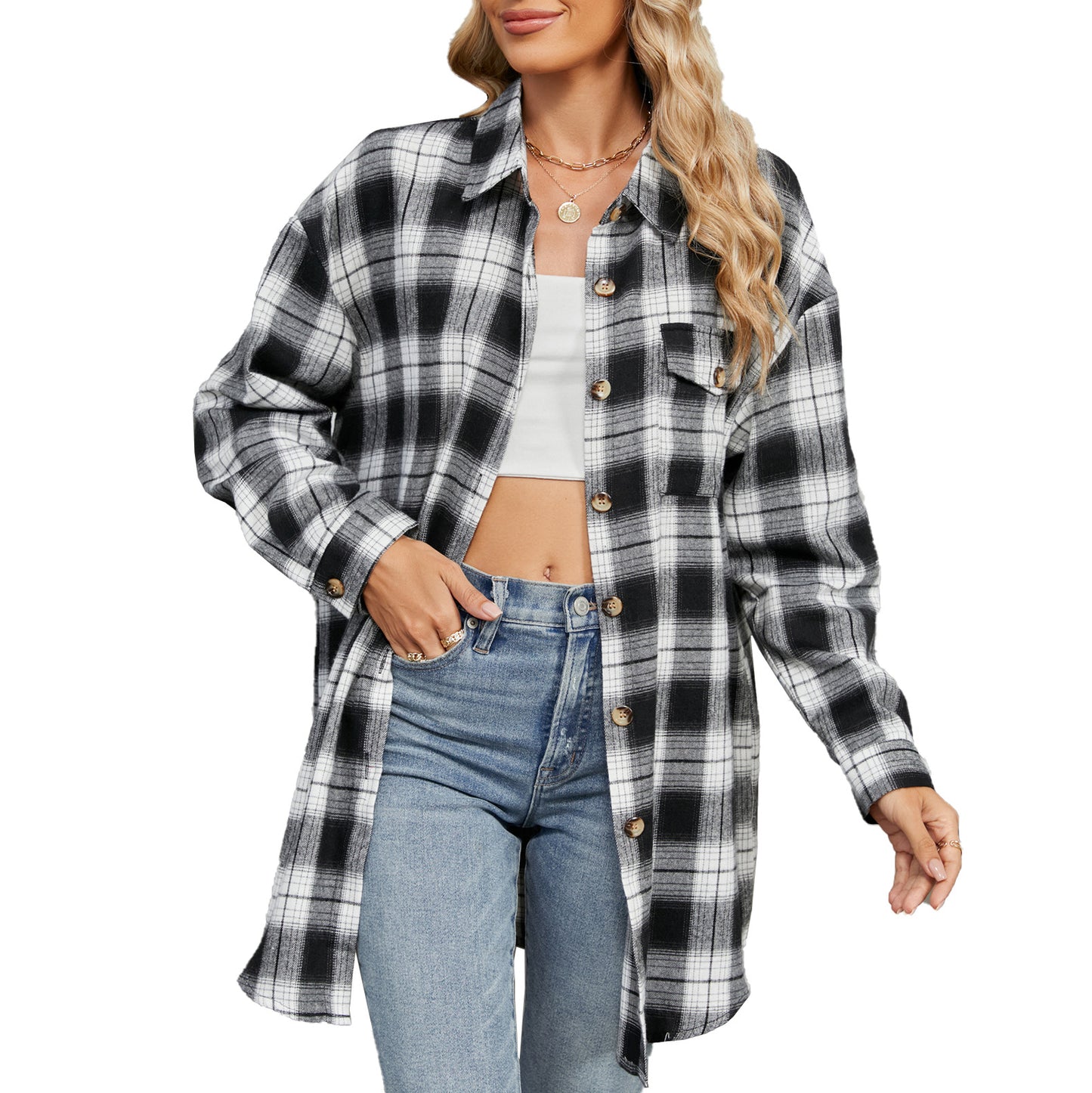 Damen Oversized Karobluse mit legerem Schnitt und Knopfdetails Stalluxe