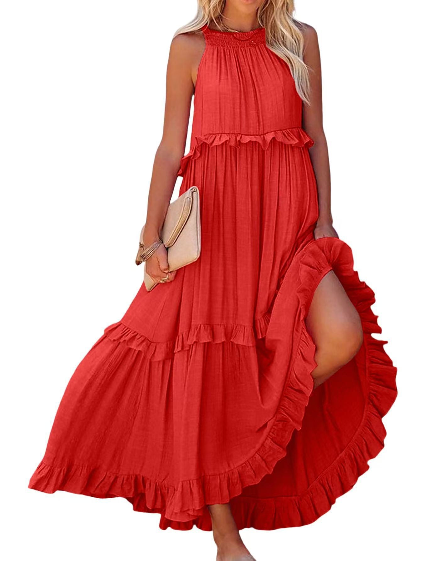 Damen Luftiges Maxikleid mit Rüschendetails und hoher Taille Stalluxe