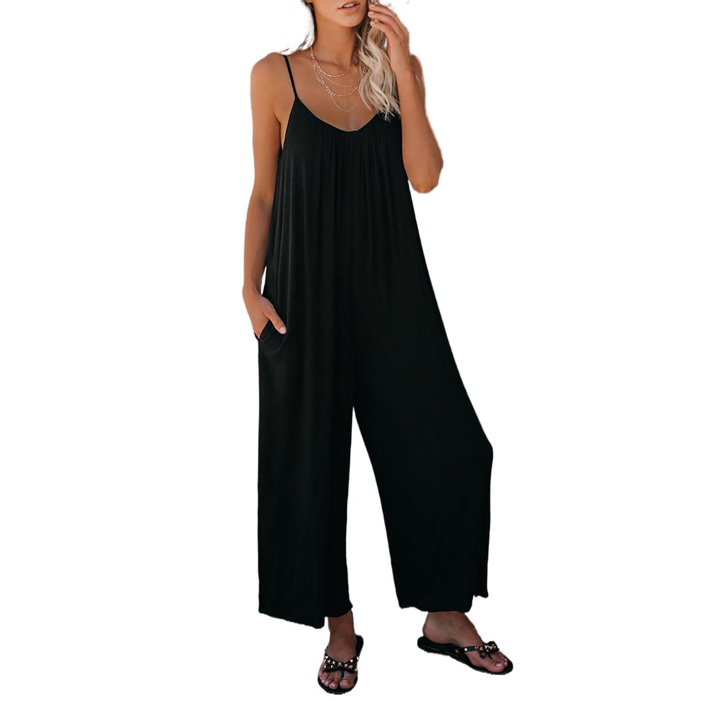 Damen Lässiger Sommer-Jumpsuit mit tiefem Ausschnitt und praktischen Taschen Stalluxe