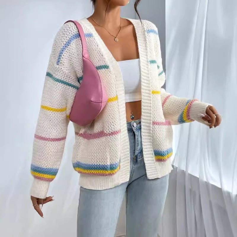 Damen Strickjacke mit buntem Streifenmuster und lässigem Schnitt Stalluxe
