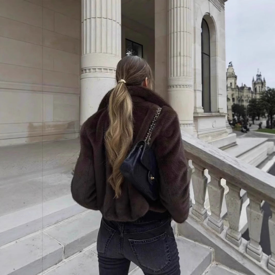 Damen Flauschige Kunstfelljacke mit elegantem Kragen und offenem Schnitt Stalluxe