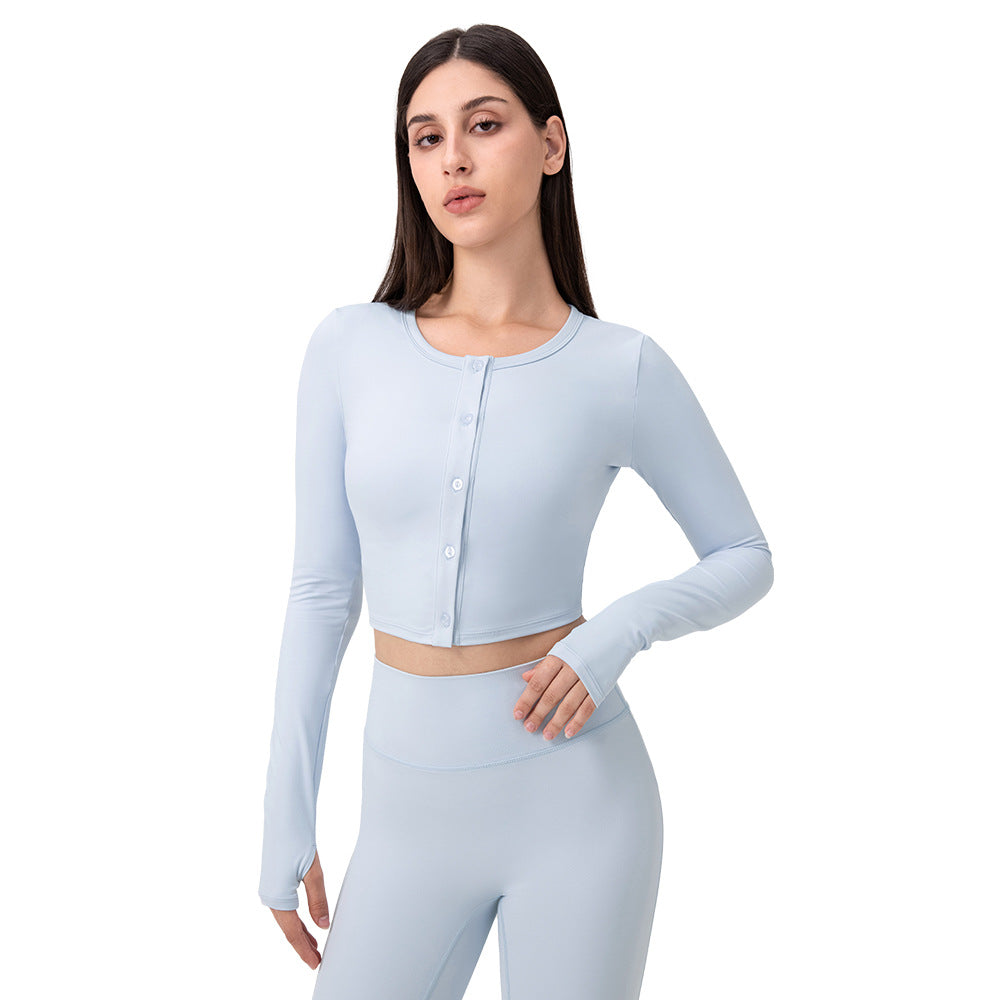 Damen Sport Cropped Langarmshirt mit Knopfleiste und Daumenlöchern Stalluxe