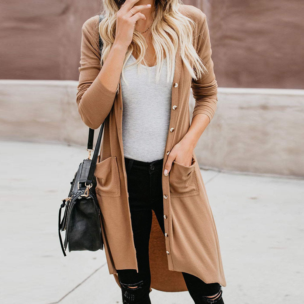 Damen Langer Strickcardigan mit Knöpfen und Taschen Stalluxe