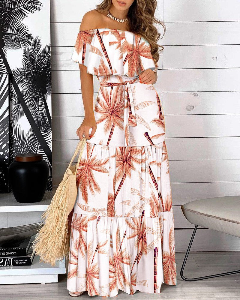 Damen Maxikleid mit schulterfreiem Design und animalischem Muster Stalluxe