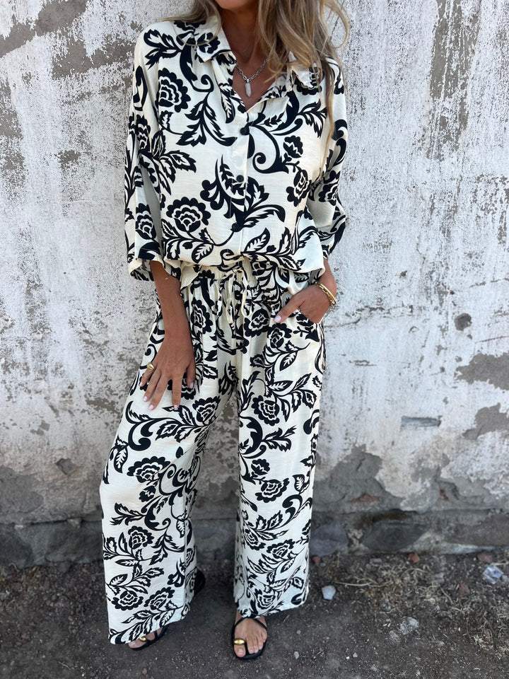 Women's Floral Print Button-Up Shirt and Wide-Leg Trouser Set Stalluxe