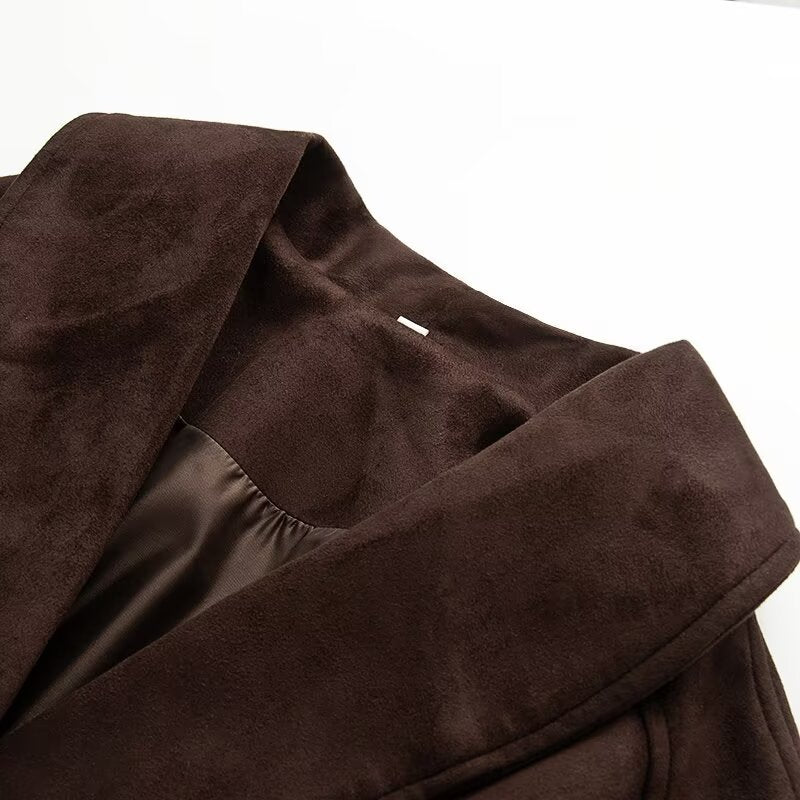 Damen elegante Suede-Jacke mit Taillengürtel und großem Revers Stalluxe