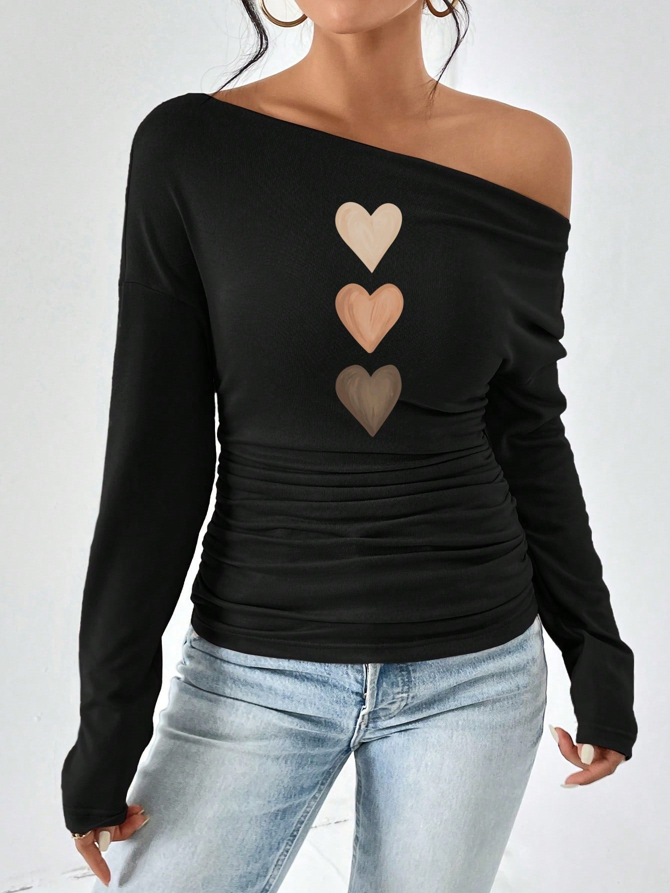 Damen figurbetontes Langarmtop mit asymmetrischem Ausschnitt und Raffungen Stalluxe