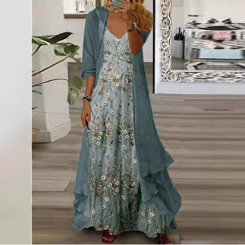 Damen Maxi-Kleid mit zarten Blüten und elegantem Überwurf Stalluxe