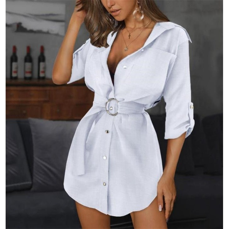 Damen Kurzarm Hemdblusenkleid mit Gürtel und Knopfleiste Stalluxe