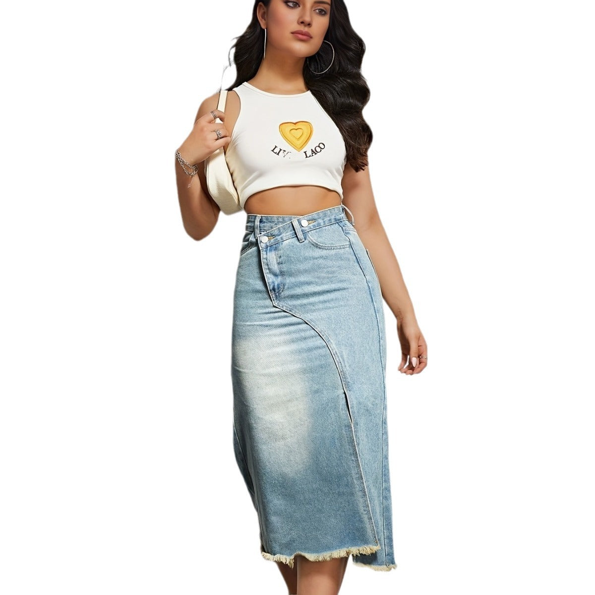 Damen Midirock mit seitlichem Schlitz und fransigem Saum Stalluxe