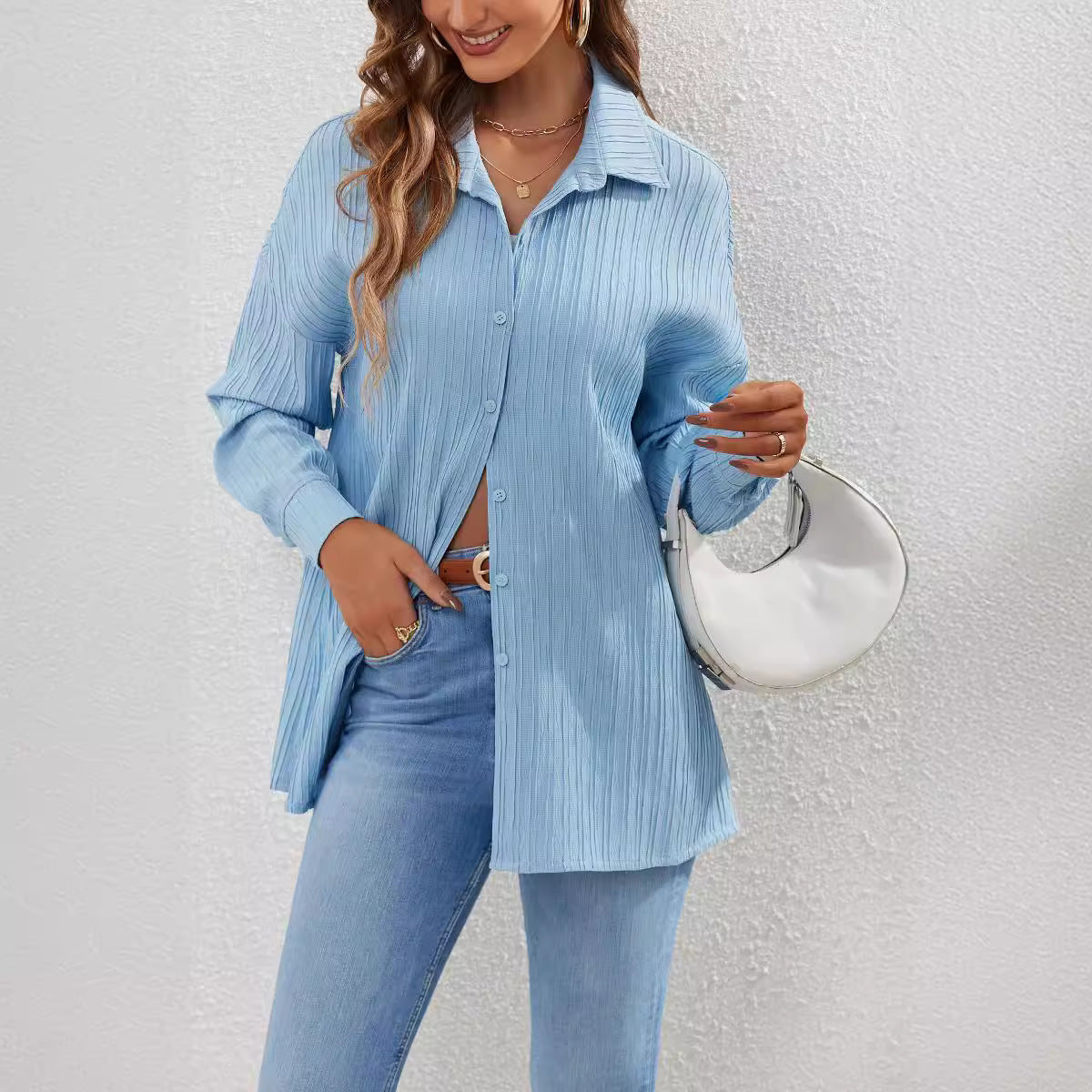 Damen lässige Hemdbluse mit Struktur und langen Ärmeln Stalluxe