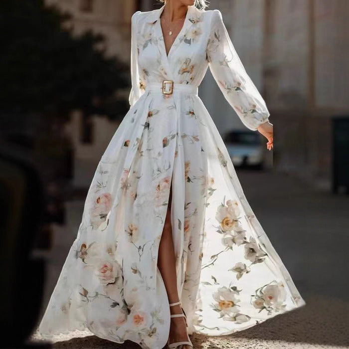 Damen Elegantes Maxikleid mit floralen Applikationen und tiefem V-Ausschnitt Stalluxe