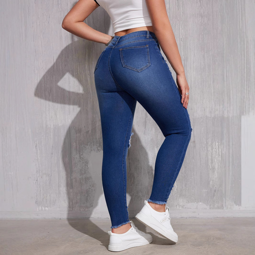 Damen Ripped Skinny Jeans mit hohem Bund und modischen Ziernähten Stalluxe