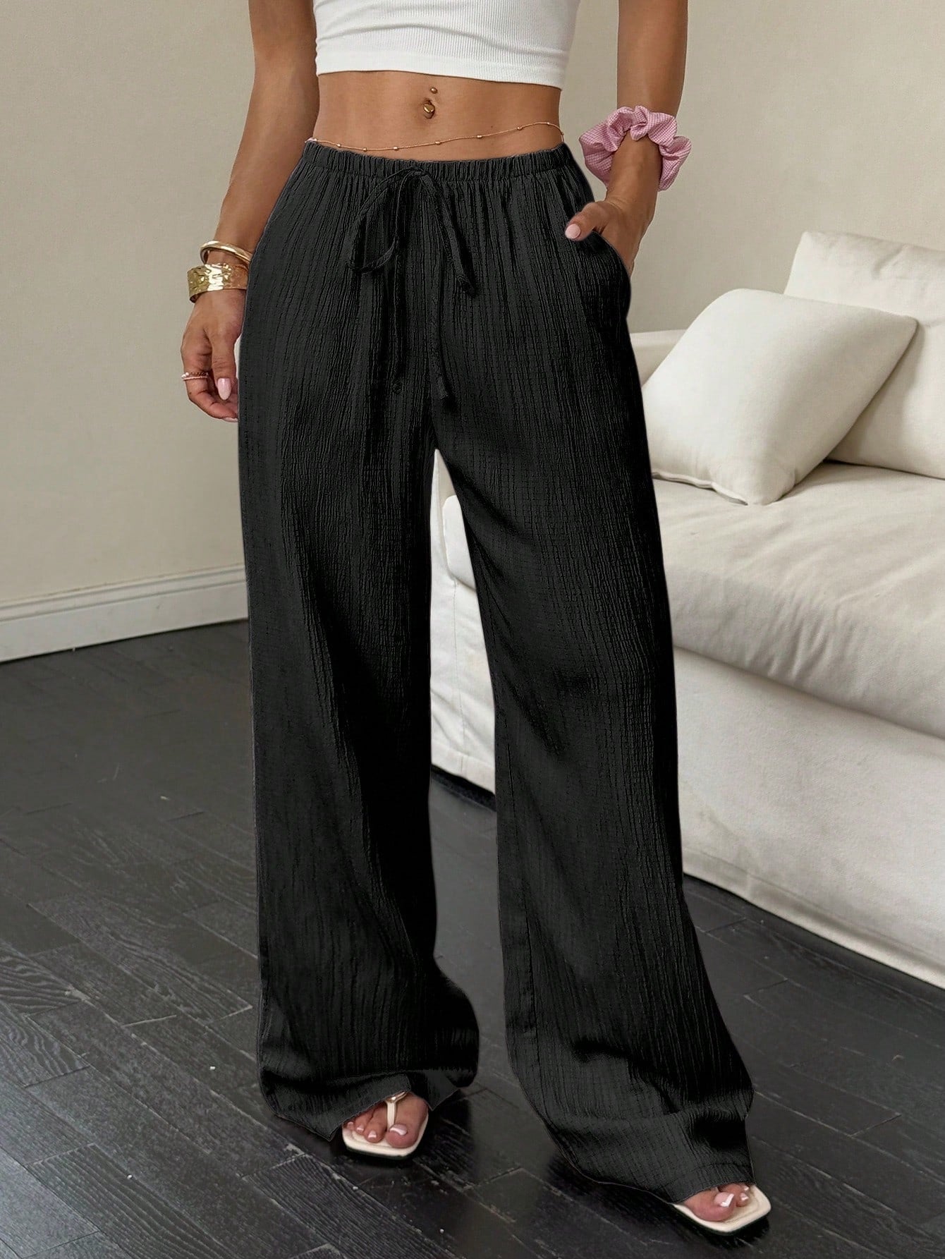 Damen Weite Hose mit elastischem Bund und seitlichen Taschen Stalluxe