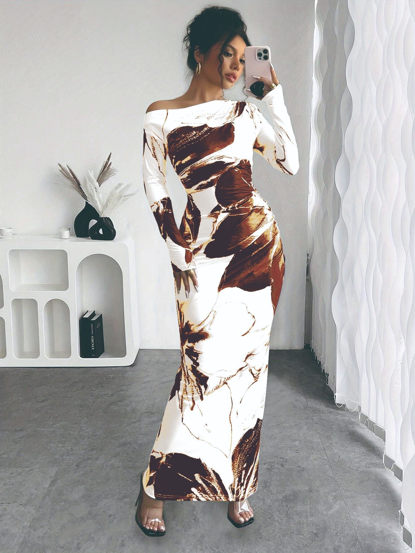 Damen elegantes Langarmkleid mit floralem Motiv Stalluxe