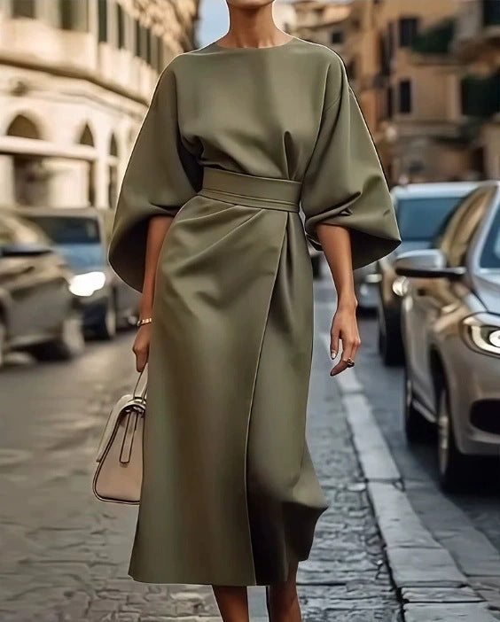 Damen Elegantes Maxikleid mit voluminösen Ärmeln und Taillengurt Stalluxe