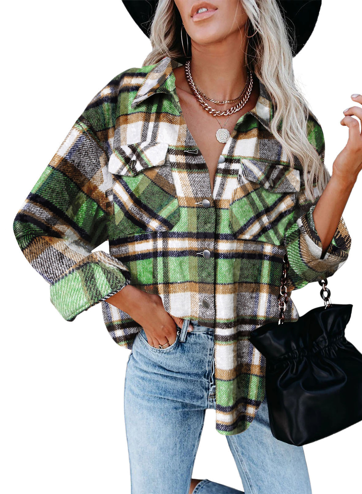 Damen Karo-Hemdenjacke im Oversized-Stil mit Druckknopfverschluss Stalluxe
