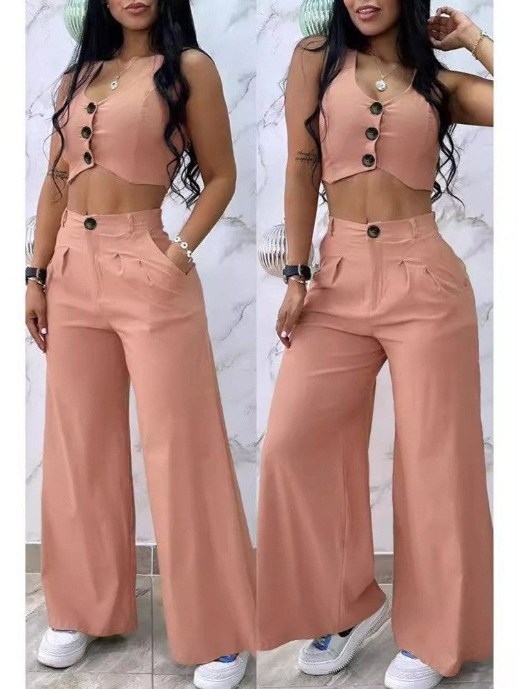 Damen Zweiteiliges Set mit hoch taillierter Hose und knöpfigem Crop-Top Stalluxe