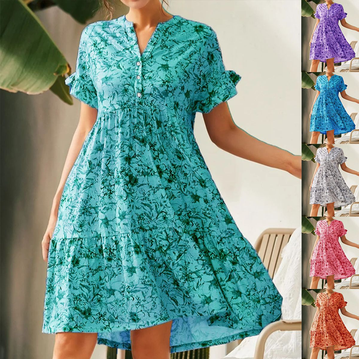 Damen lässiges Blumenkleid mit Knopfleiste und Rüschendetails Stalluxe