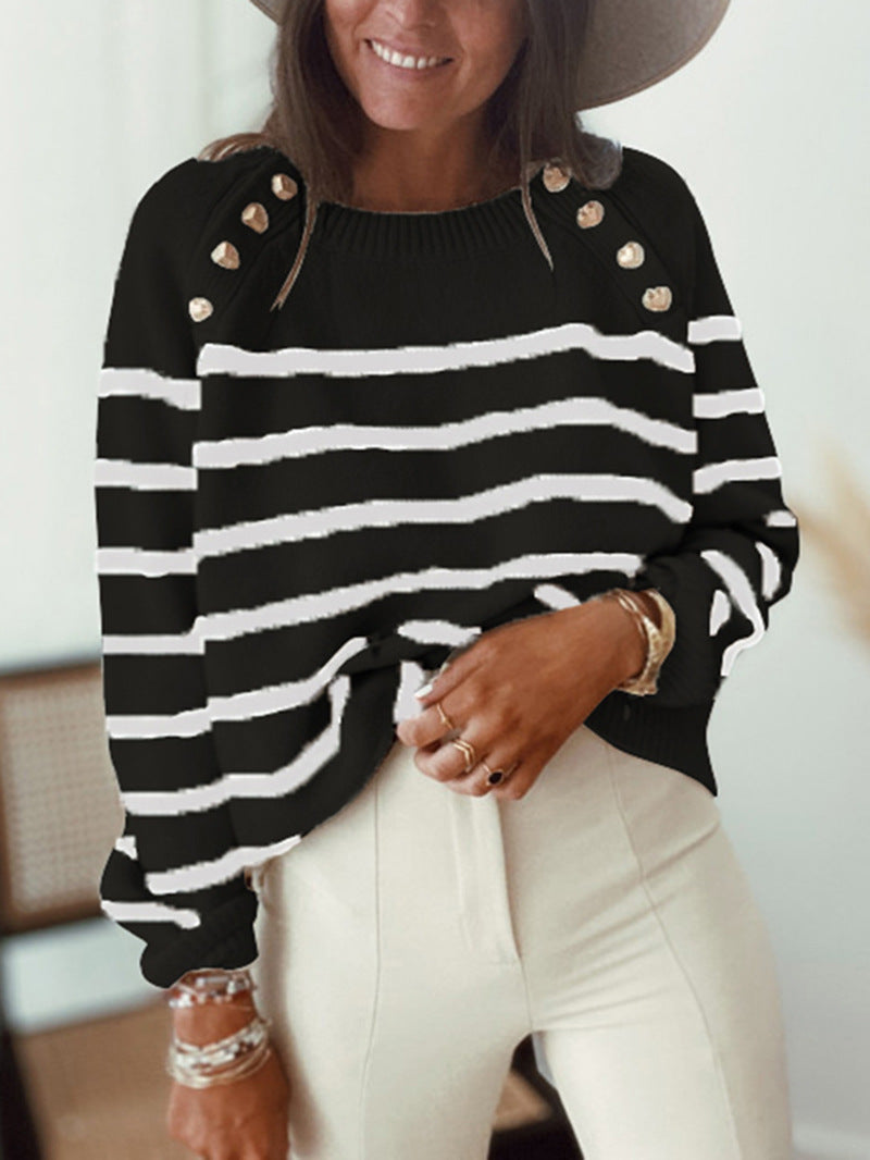 Damen lässiger Strickpullover mit modernen Streifen und dekorativen Knopfdetails Stalluxe